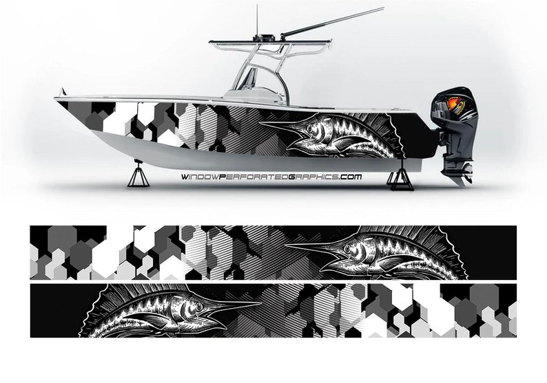Fishing Boat Trailer - Camo hitam dan putih ikan Marlin